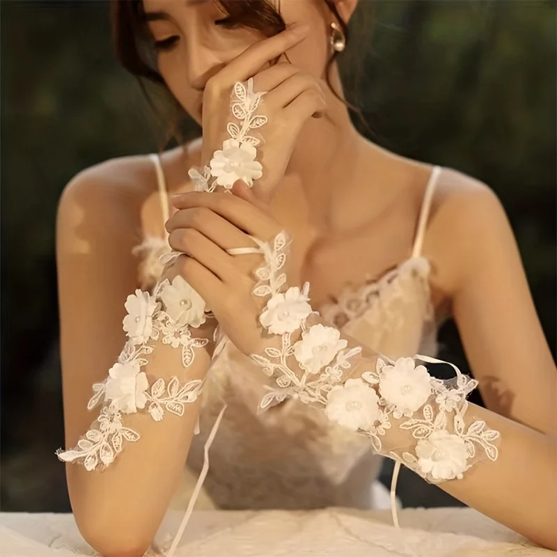 ' Elegant White Wedding Gloves with & Flower Accent - European Style Bridal Gloves, Hollow Finger for full Finger Coverage