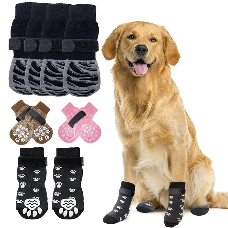 4Pcs Adjustable Non-Slip Dog Socks - Dual-Sided Paw Protectors for Small To Medium Breeds Machine Washable