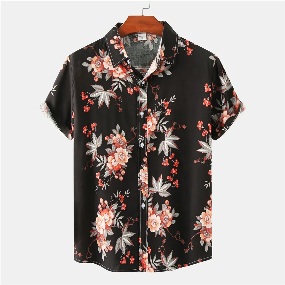 2023 Summer New Black Floral Hawaiian Shirt Men Casual Short Sleeve Button Down Beach Shirts Men Streetwear Holiday Clothing 3XL