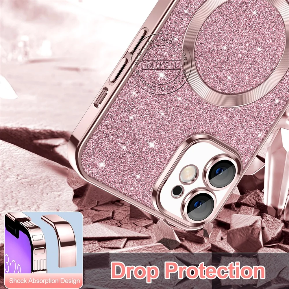 Glitter Bright Cover For iPhone 16 15 14 13 12 11 Pro Max Plus Magsafe Plating Soft Wireless Charging Bling Shining Sparkly Case - náhled 4