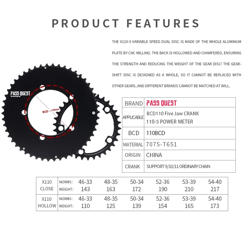 PASS QUEST 110BCD Five Claws 2X Sprocket AERO Round Road Bike   Foldable Bicycle 9-11 speed  Gravel bike 46T 48T 50T 52T 53T 54T