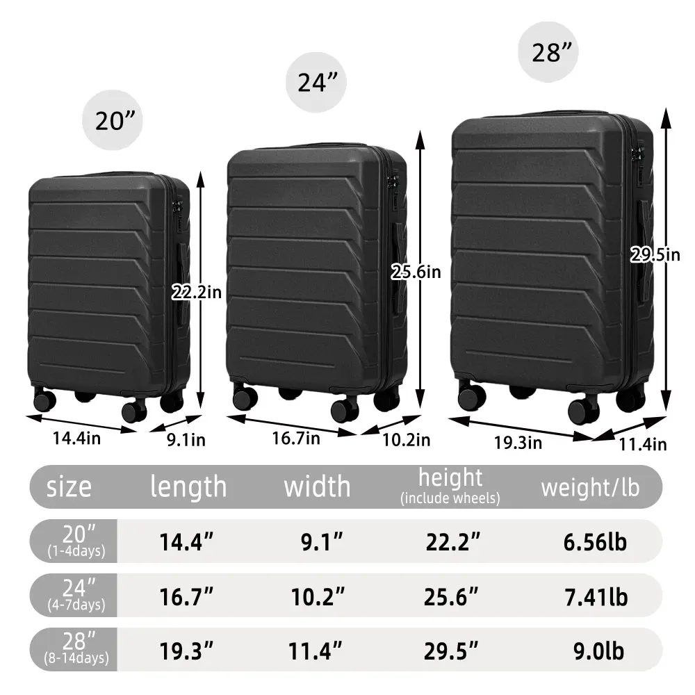 20"/24"/28" 3 Pcs/set in ABS Spinner Wheel Luggage Matching Color with Combination Lock (Black)
