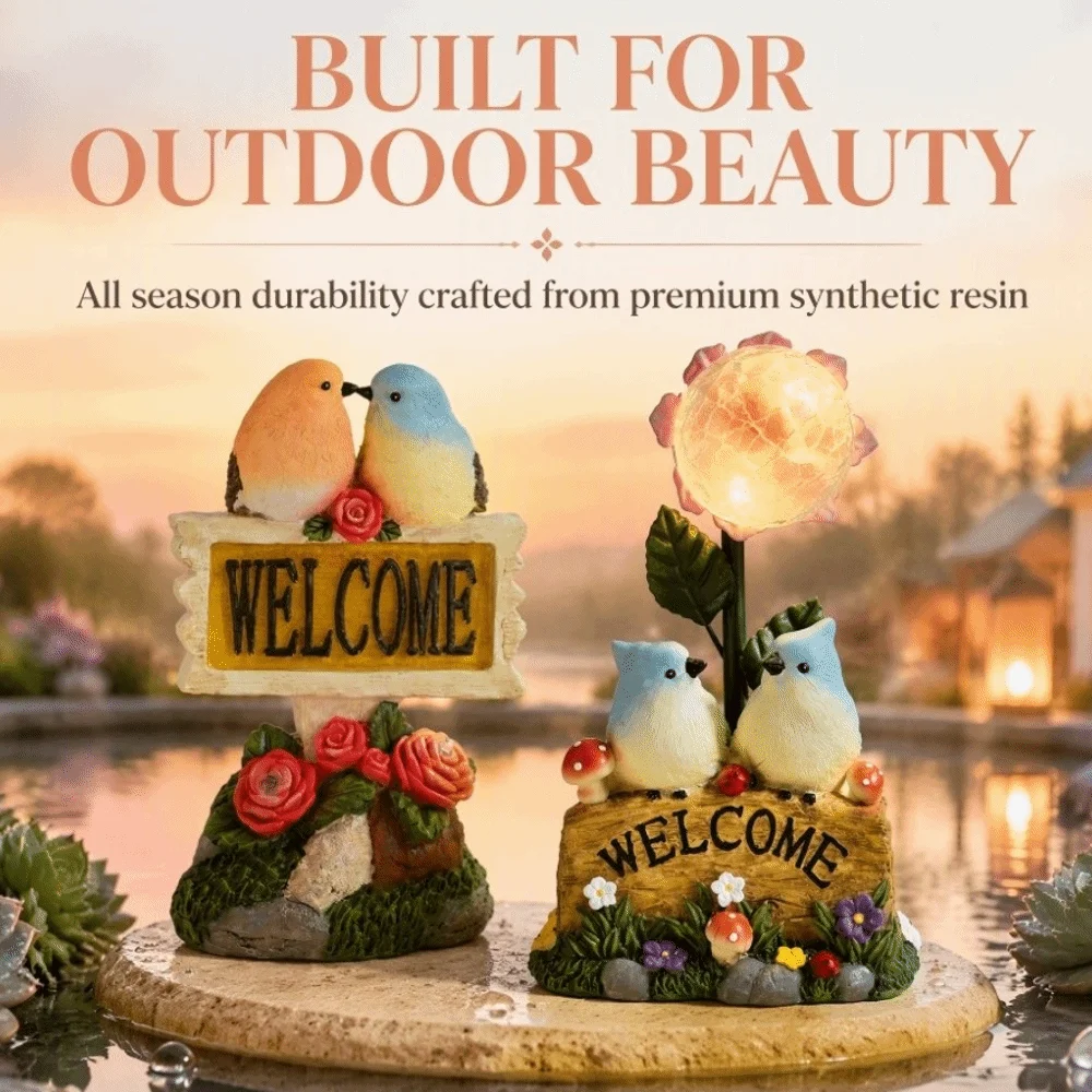 Solar Powered Garden Welcome Sign Durable Resin Creative Design Bird Figurine Warm Light No Wiring Needed Solar Resin Craft