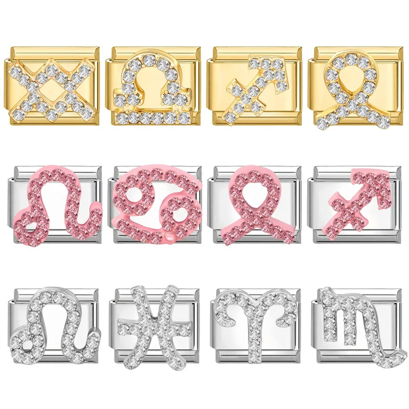 Y2K Zircon Creative 12 Zodiac Constellation Charm Italian Links Fit 9mm Stainless Steel Bracelet Women DIY Making Gift Wholesale