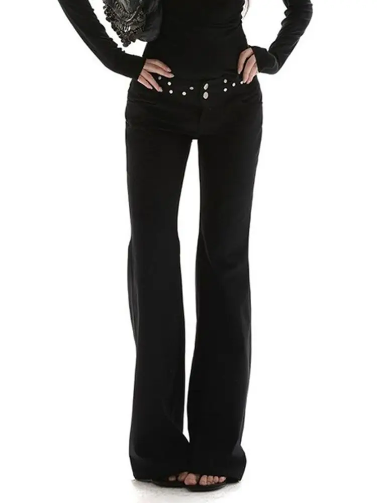 Y2K American Vintage Black Rivet Low Waist Flare Jeans Ladies Slimming Floor Length Hot Girl Streetwear Denim Long Pants