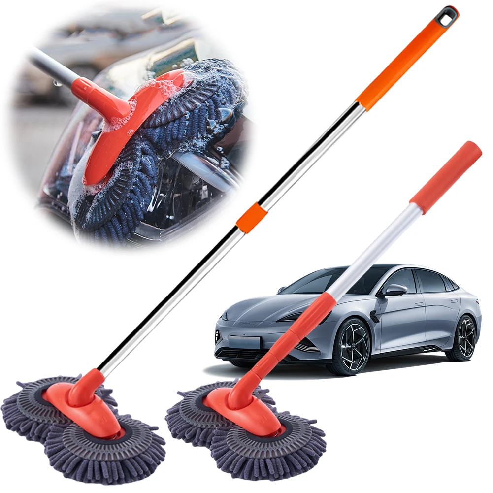 Car Washer Mop Foam Wash Chenille Brush Double Brush Head Roof Window Cleaning Brush Telescopic Mop Car Maintenance Accessories