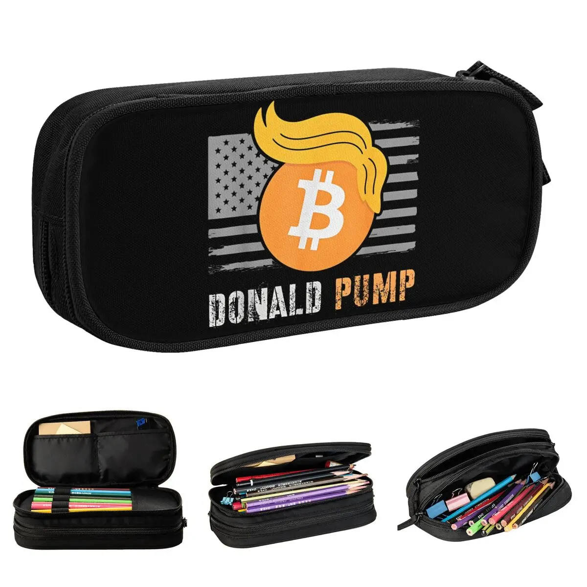 Trump America Donald Pump Crypto Bitcoin Pencil Cases Pencil Pouch Pen Box for Girl Boy Big Capacity Bags Office Gift Stationery