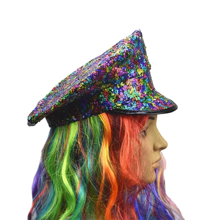 New Hot Carnival Christmas Colorful Sequin Navy Hat Cool Sequin Party Carnival Hat Role Cosplay Stage Performance Octagon Hat view 5