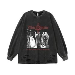 Black Empire Ripped T Shirts Goth Men Long Sleeve Y2k Grunge T-shirts Oversized Retro Men Clothes Harajuku Anime Streetwear Tops