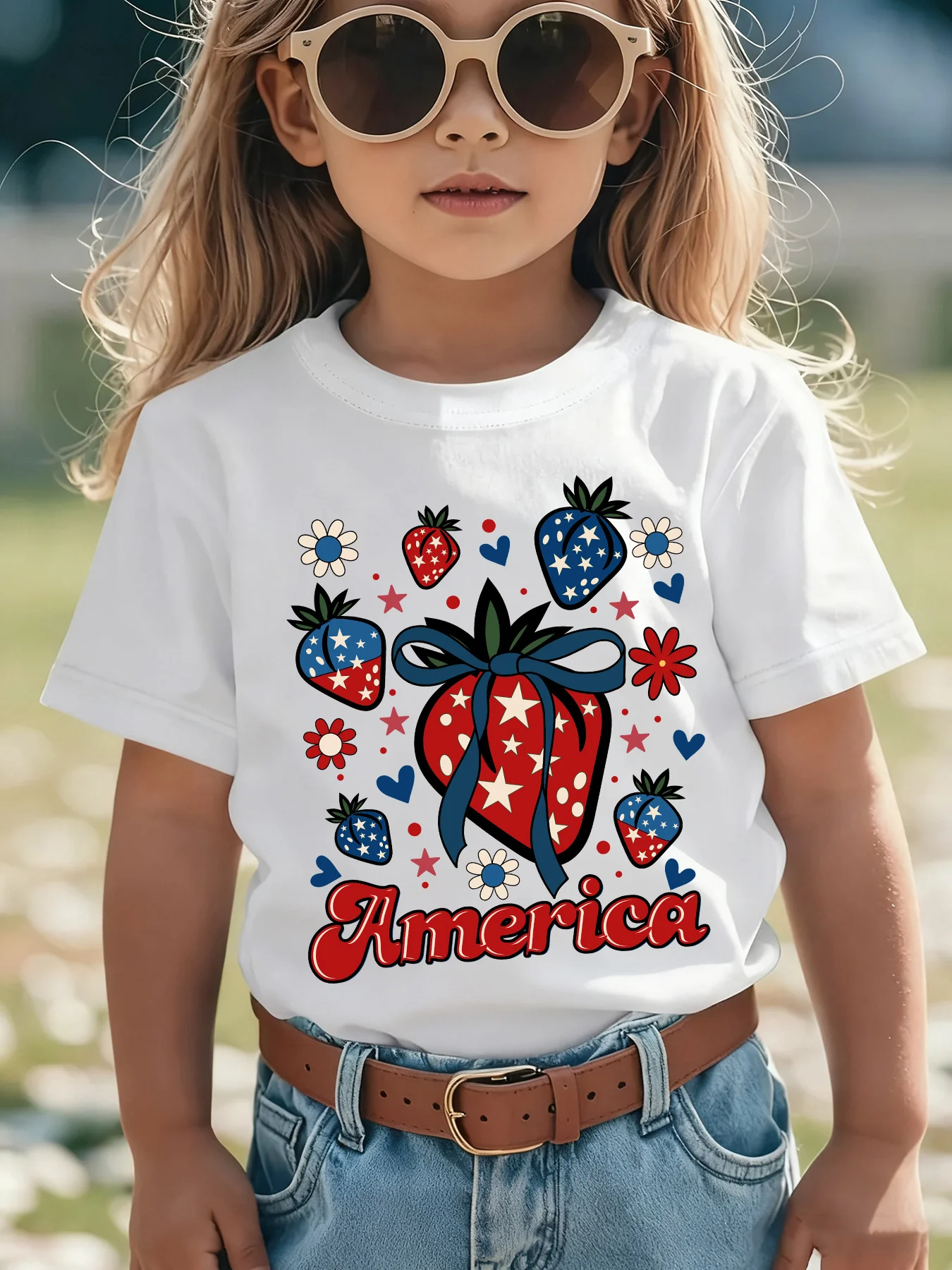 America Flag Strawberry Bow Floral Heart Star Family Matching Cotton Tees Short Sleeve Tops For Mom Dad Boys Girls Daily Wear