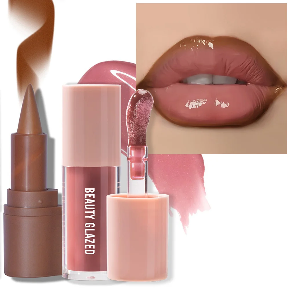 2 ピース/セットベルベットテクスチャリップメイクアップセットリップライナーリップグレーズ防水長期的なマットナチュラルリップメイクアップリップコンビネーション