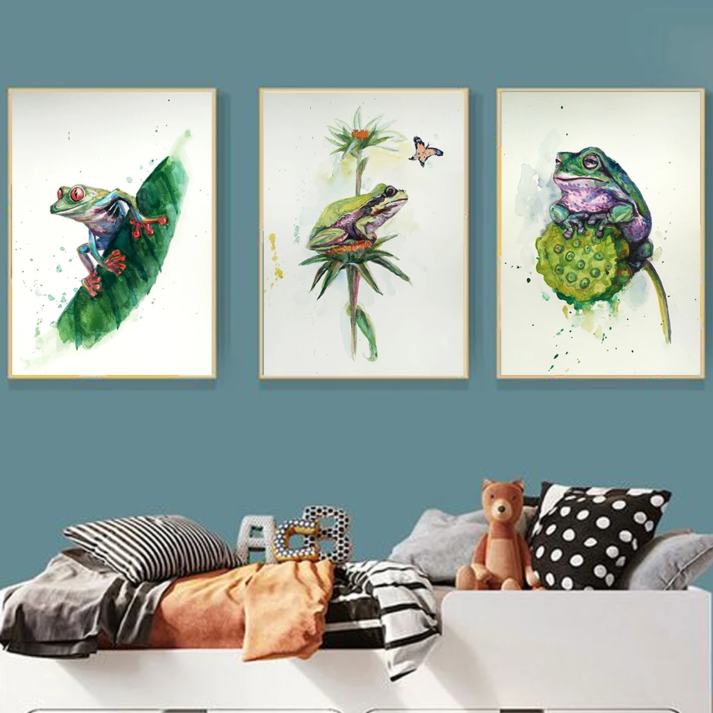 

Nature Frog Botanical Set Poster Nursery Canvas Painting Watercolor Wall Art Print Picture For Kid’s Child Room Home Decor