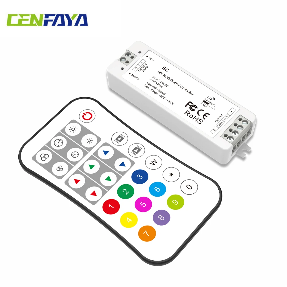 

Набор светодиодных контроллеров CENFAYA RF SPI RGB RGBW Встроенный 40-динамический режим SPI многопиксельный контроллер RF 2,4G Беспроводной пульт дистанционного управления DC5-24V