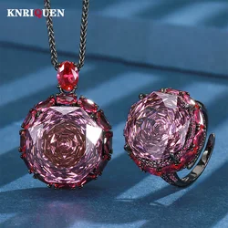 Retro 16-18mm Pink Quartz Amethyst Lab Diamond Rings Pendant Necklace for Women Gemstone Wedding Jewelry Sets Anniversary Gift