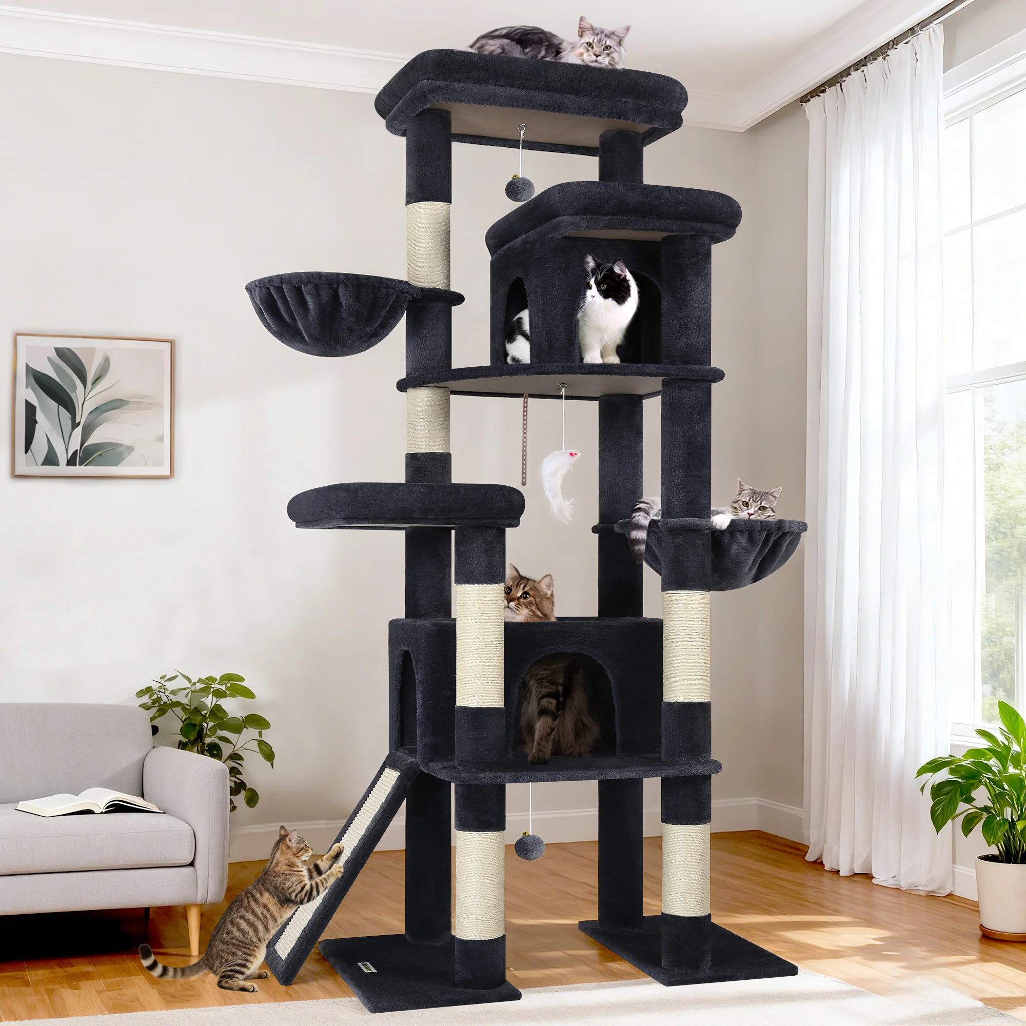Globlazer Cat Tree Tower for Large Cats, Stable Dual-Base Multi-Level Cat Climbing Tower with Hammock, Condos and Sisal Scratching Posts