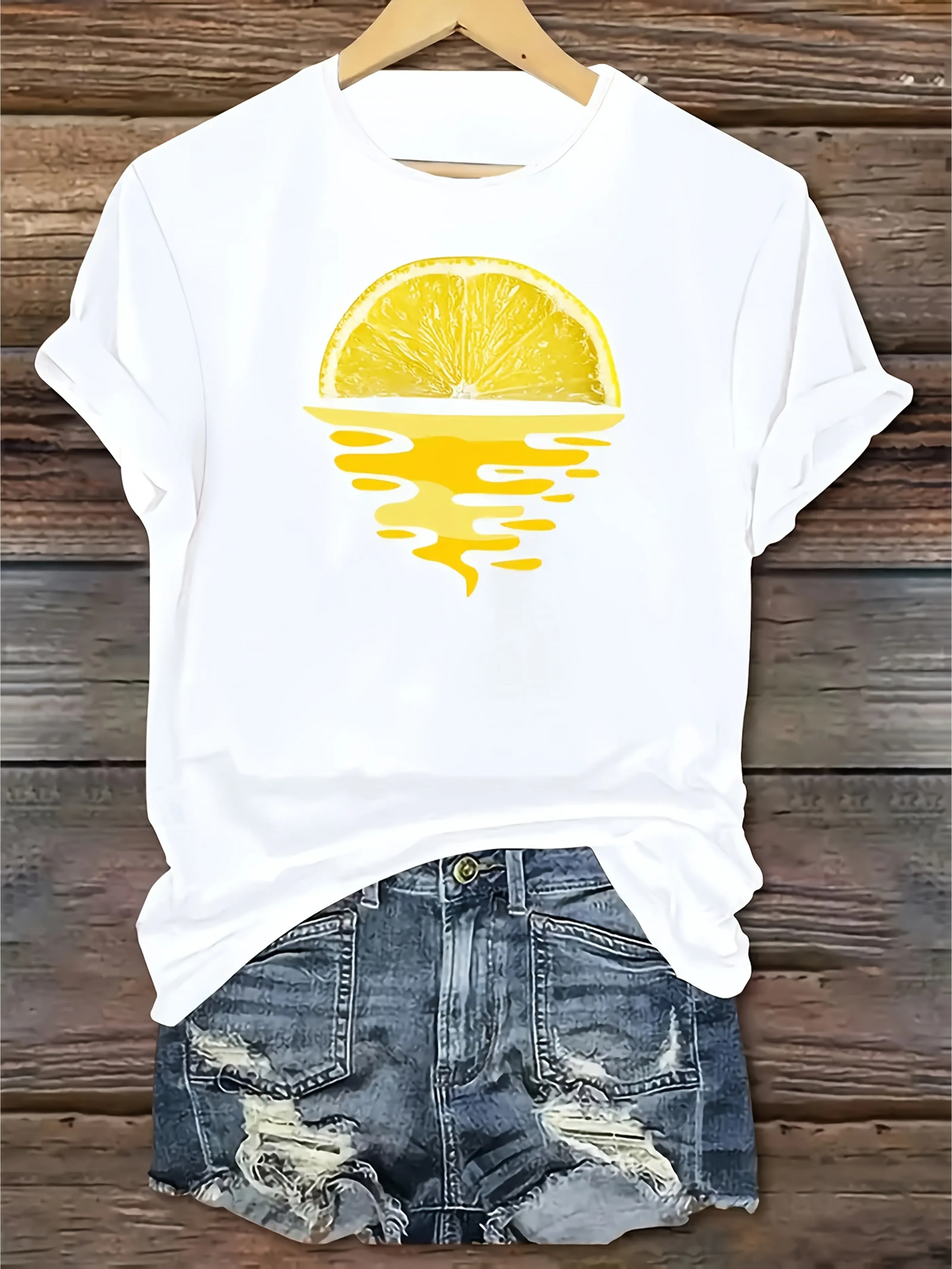 2026 Sunset Lemon Printed T-shirt Casual Short Sleeve Round Neck Top Comfortable Daily Fashion Women's Summer Casual Clothing