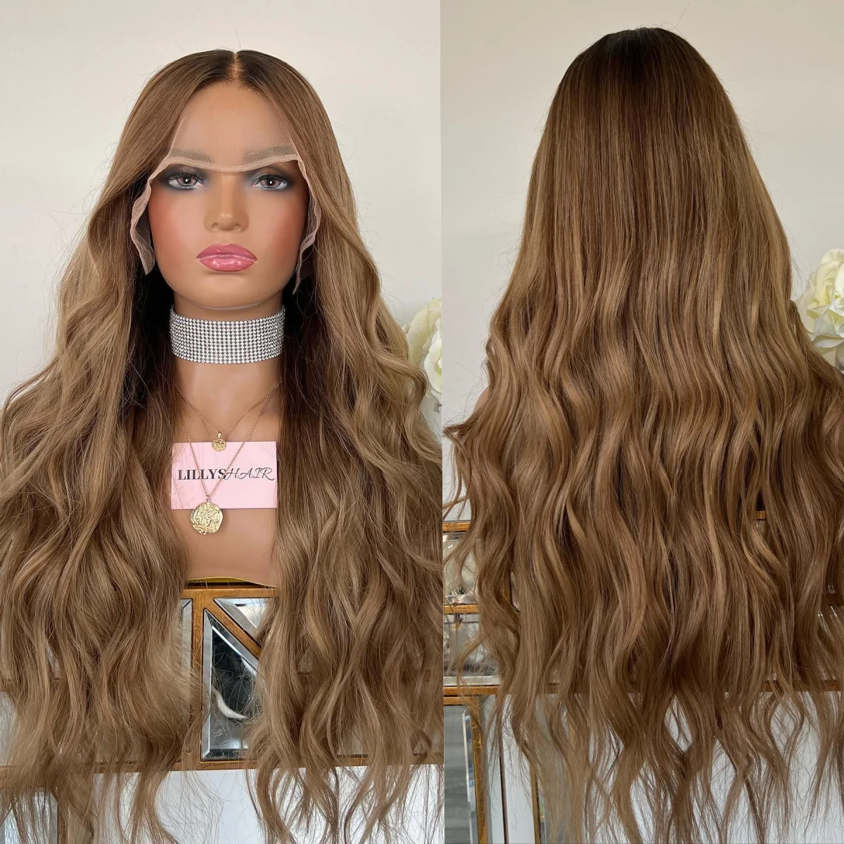 

Длинные волнистые парики Ombre Шоколадно-коричневые синтетические кружевные фронтальные парики Выделите медовые светлые волосы Дешевые парики Распродажа Лидер продаж