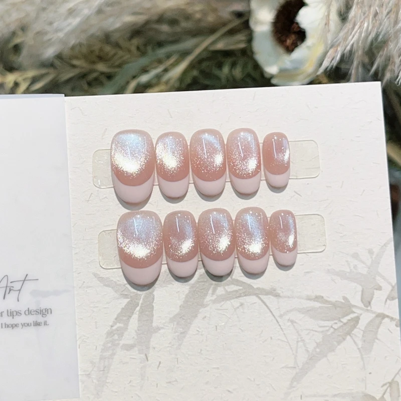 10 Stück solide rosa Katzenaugen-Nägel zum Aufdrücken, handgefertigt, glänzend, kurze ovale künstliche Nägel, vollständige Abdeckung, luxuriöse fertige künstliche Nägel mit Kleber – Detail 9