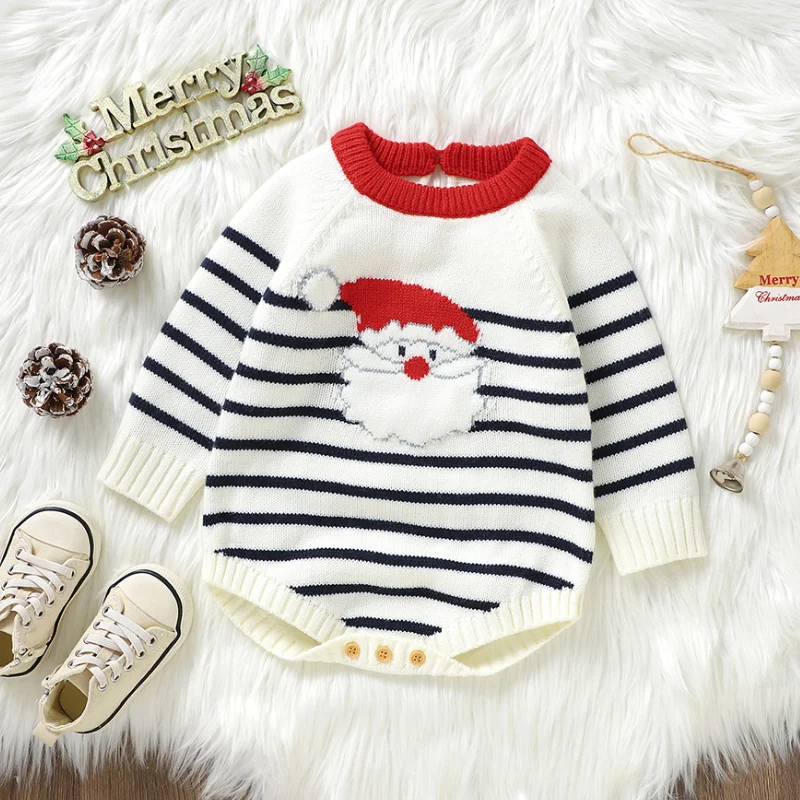 Clothes White Santa Claus Knitted Newborn Infant Long Sleeve Onesie Coveralls Toddler Christmas Jumpsuits Winter Baby Boys Girls