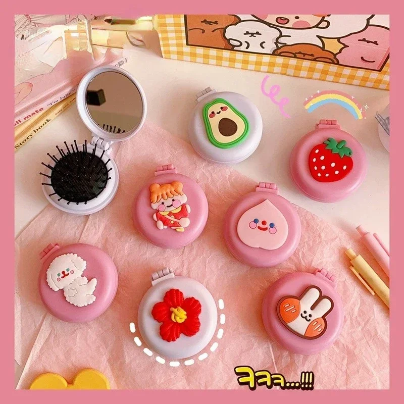 Pente Dobrável Bonito Dos Desenhos Animados com Espelho para Meninas, Portátil, Pequeno, Compacto, Kawaii, Dobrável, Almofada de Ar, Estilo de Cabelo