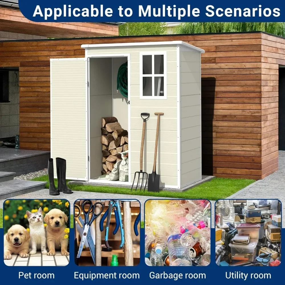 5x3FT Outdoor Floor Resin Storage Shed, Lockable Doors and Windows, Waterproof and Environmentally Friendly Tool Shed, Sandstone