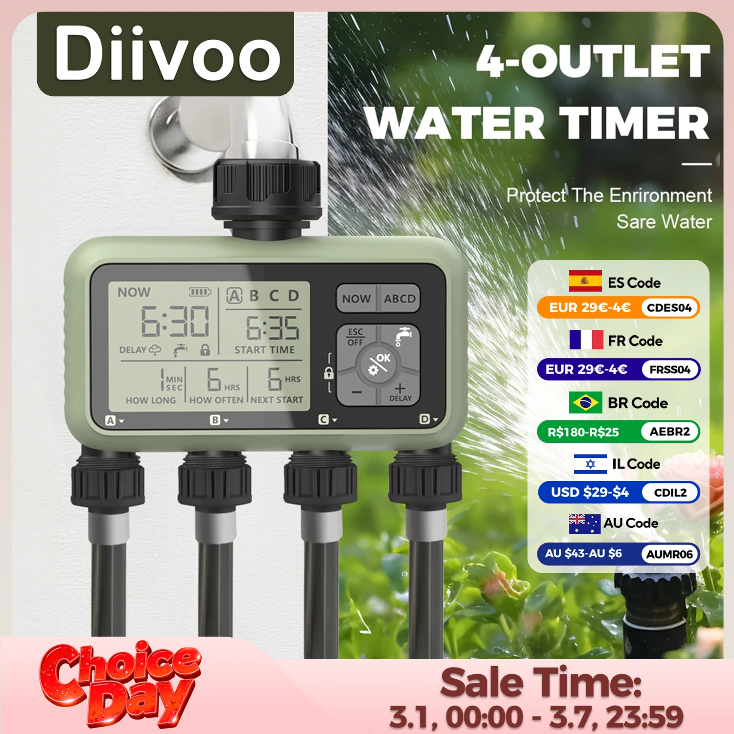 Minuteur d'arrosage Diivoo 4 zones, programmable, automatique, avec fonction de report de pluie, modes manuel/automatique, pour pelouse et jardin