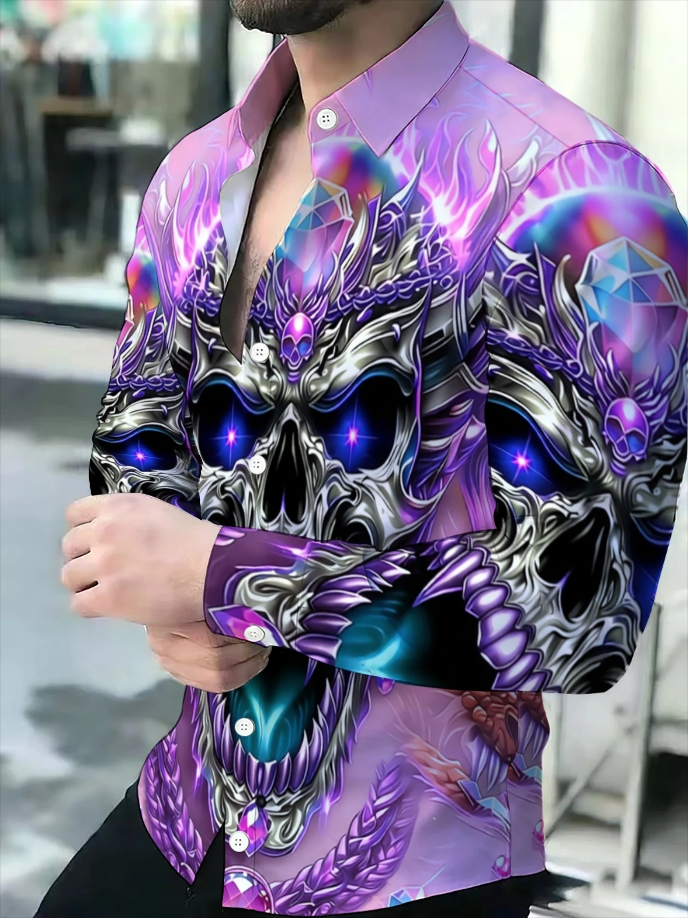 Men Purple Metallic Skull Flame Print Long Sleeve Shirt Turn‑Down Collar Button‑Up Polyester Halloween Blouse
