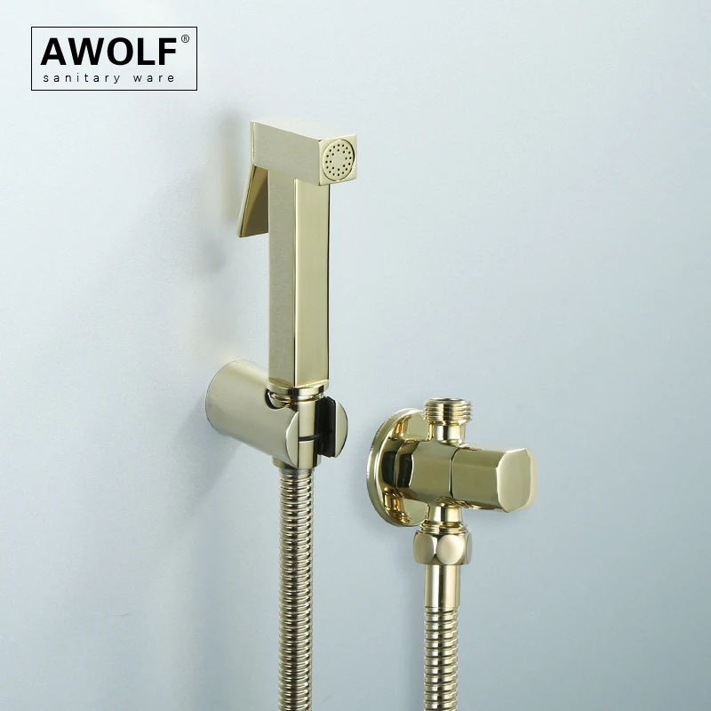 Awolf Toilet Bidet Sprayer Set Shiny Zirconium Gold Douche Kit Solid Brass Bidet Shattaf Square Toilet Washer Shower AP2343