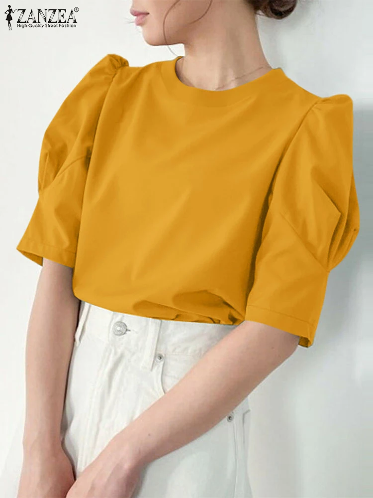 

Fashion Tops ZANZEA Women Solid Color Korean Blouse 2025 Short Puff Sleeve Tunic Summer Shirts Vintage Casual Loose Blusas Femme