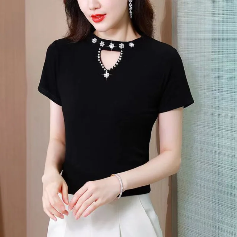 Women Spring New Fashion Sweet Crew Neck Pullovers Base Layers Solid Diamonds Hollow Out Knitted Versatile Short Sleeves Tops