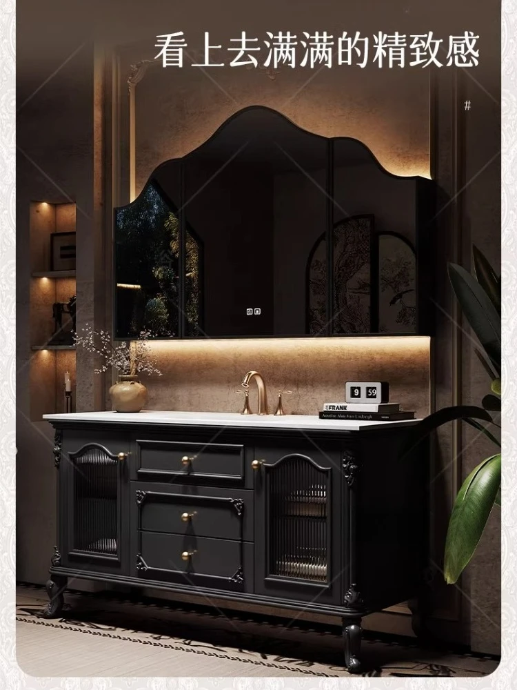 

French retro oak bathroom cabinet combination bathroom slate hot bending integrated washstand
