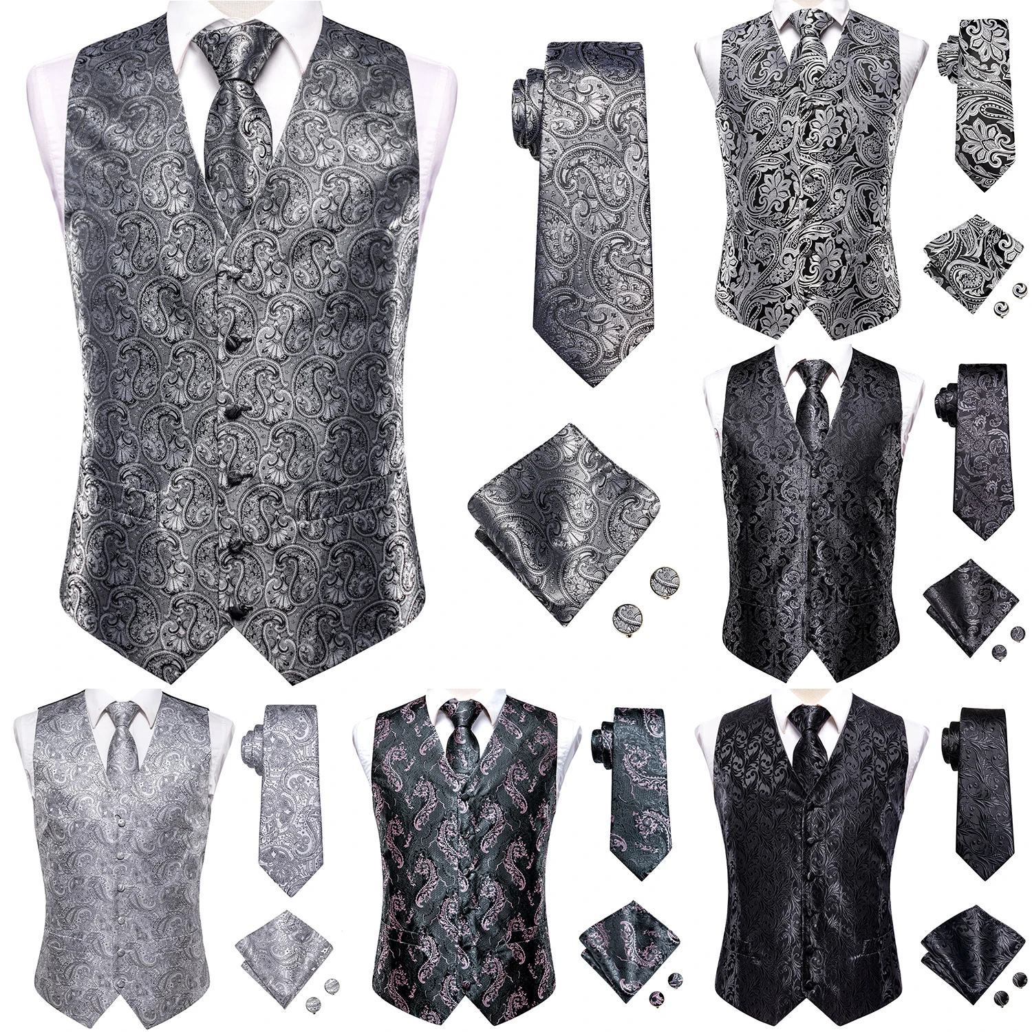 

Luxury Silk Mens Waistcoat Tie Set White Black Gray Silver Brown Sleeveless Jacket Suit Vest Necktie Hanky Cufflinks Oversized