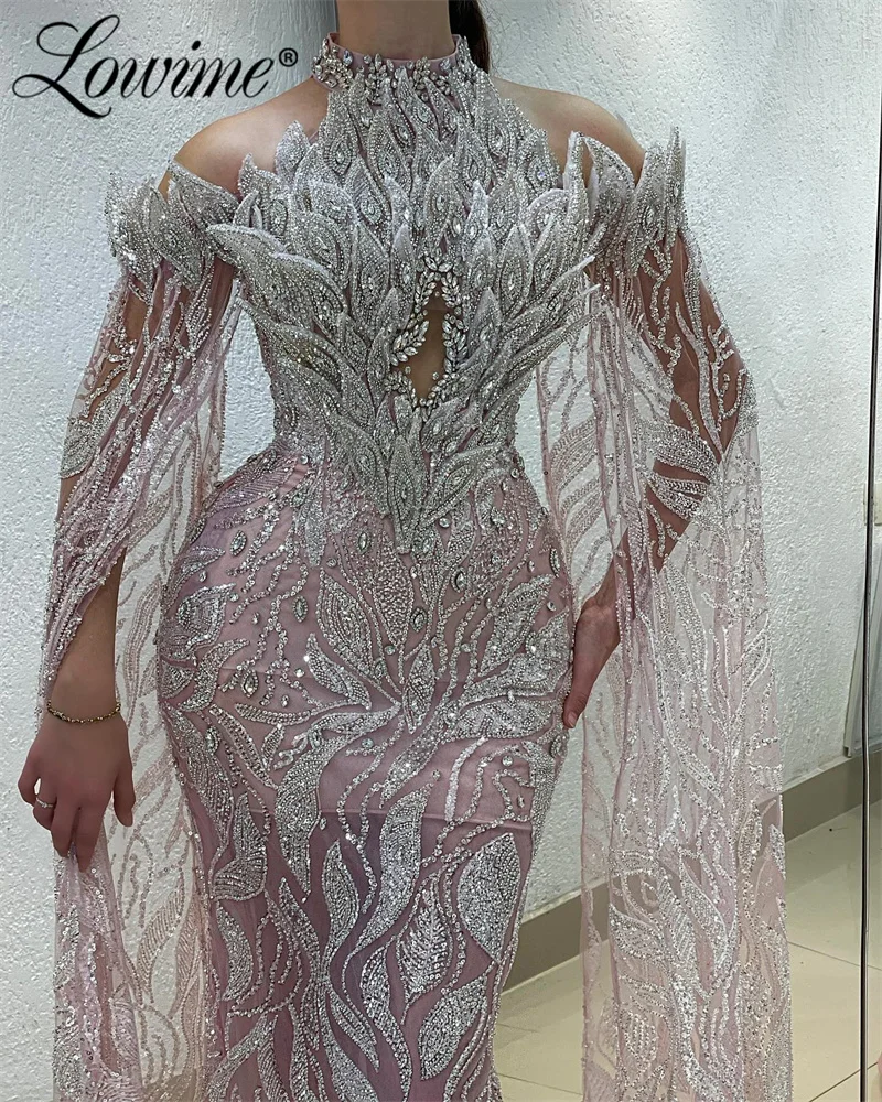 Vestido de noche árabe de lujo con mangas de capa de hoja 3D, vestidos de graduación de sirena con cuentas de cristales, fiesta de boda Vestido largo de hecho a medida