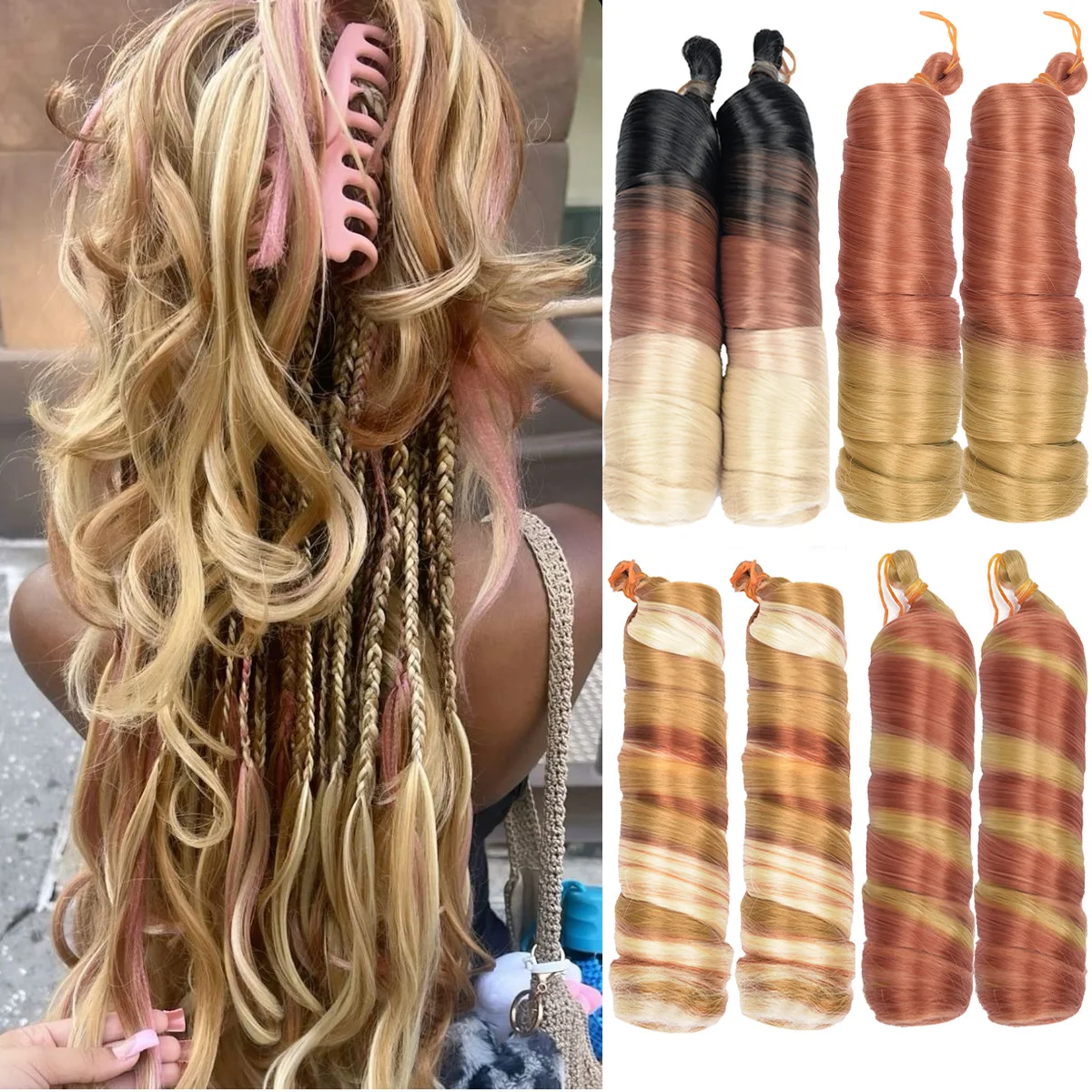 Loose Wave Spiral Curl Crochet Hair Synthetic Braids Ombre Pre Stretched Braiding Hair Extensions For Women French Curls