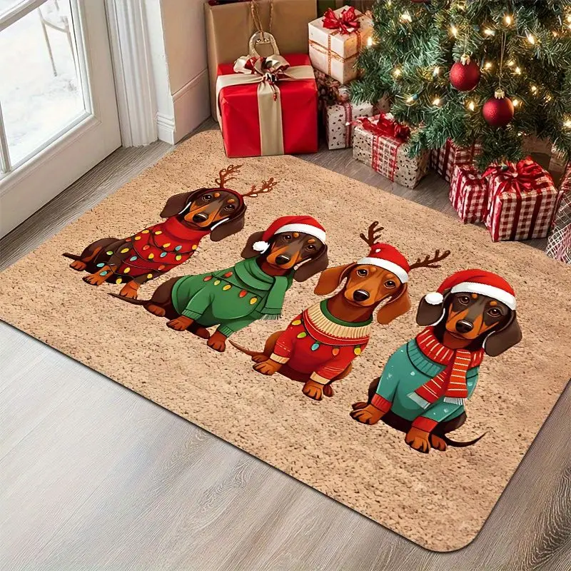 VIKAMA Christmas Flannel Door Mat Four Dachshund Dogs Xmas Sweater Print Non Slip Mat For Front Door Porch Entry Home Decor
