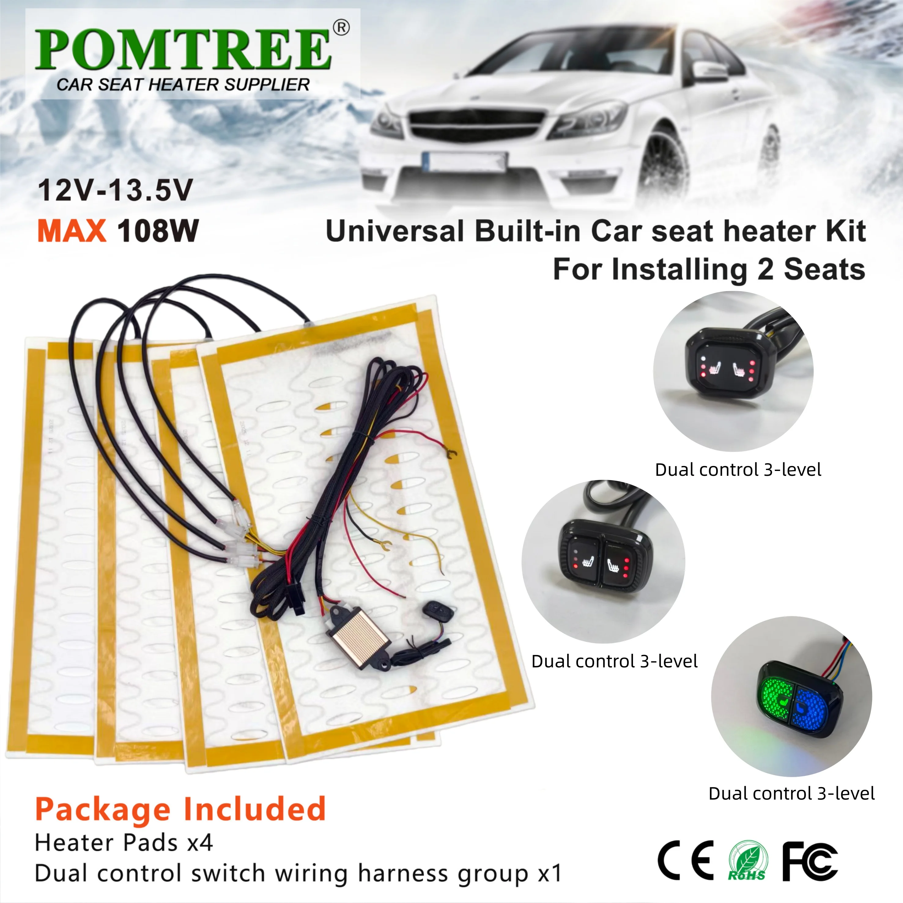 New 108W Built-in Car Seat Heater Kit Fit 2 Seats Universal 12V Alloy Wire Heating Pads 3-level Dual Control Switch With Harness