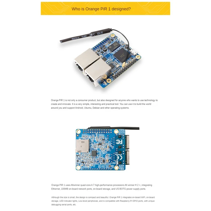 For Orange Pi R1 Allwinner H2+ Cortex-A7 Quad-Core 32-Bit Dual Network Port Development Board Programming Single Board