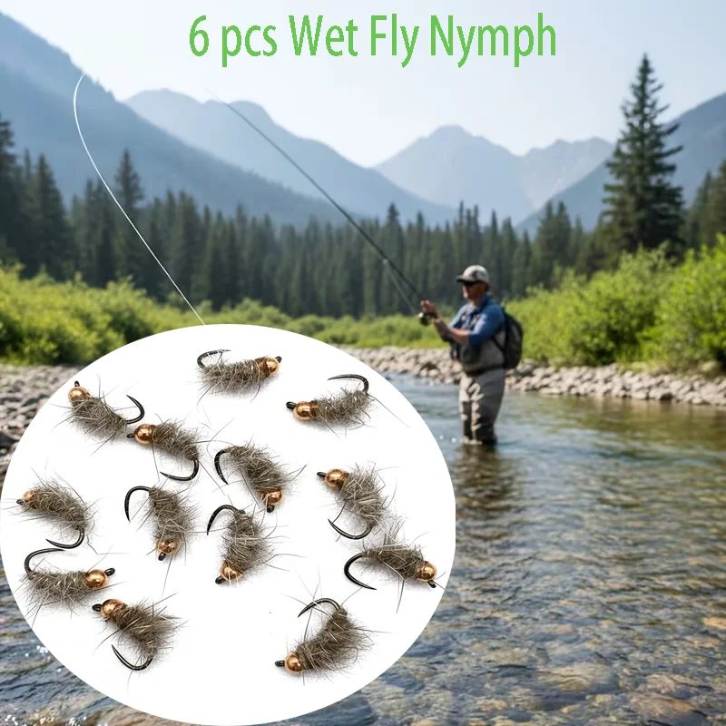 6 Stück Nassfliegen-Nymphen: Handgebunden aus Naturmaterialien, mit Perlenkopf für eine langsam sinkende Aktion. Diese Hochwirksamen L