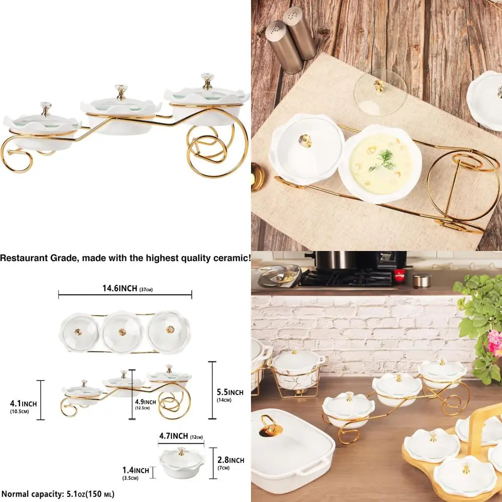 

Керамические сервировочные миски со стеклянной крышкой и металлическим блюдцем и 3-мя съемными мисками для закусок, фруктов и орехов