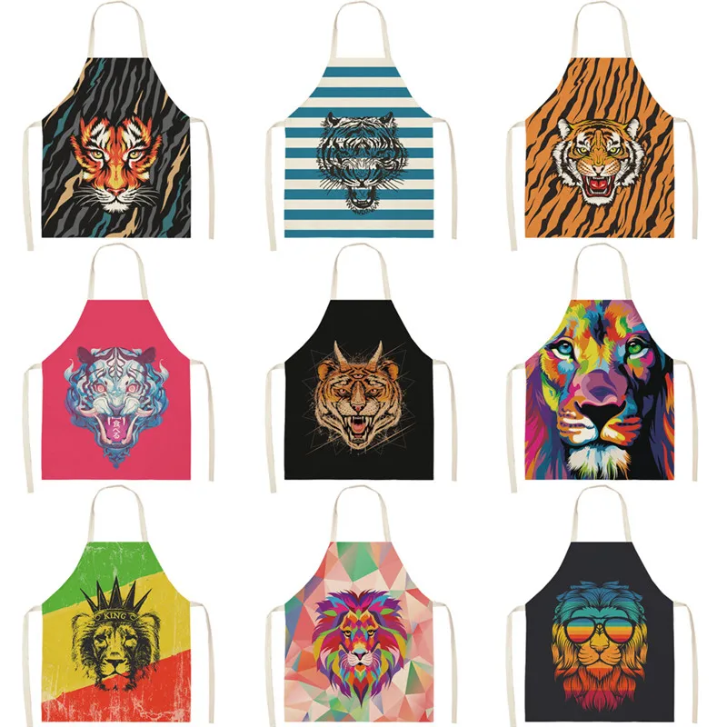 Parent-child Kitchen Apron Lion Tiger Printed Sleeveless Cotton Linen Cartoon Aprons for Men Women Home Cleaning Tools Delantal