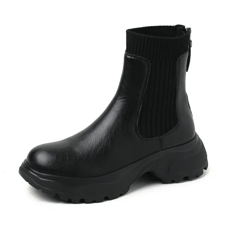 

Ankle Movement Women Boots Genuine Leather Platform Knitted Sock Boots Autumn-winter Shoes