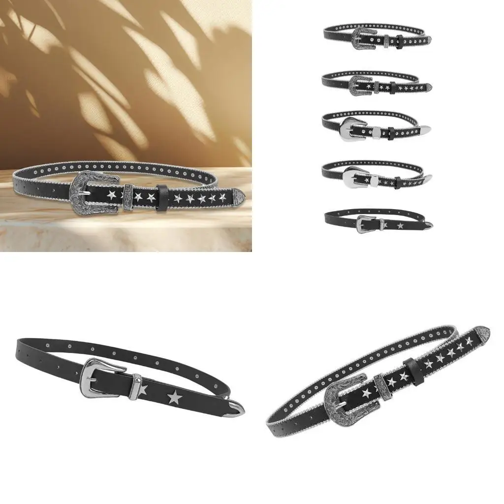 

652F Western Belt for Women Men Punk Belt for Pants Jeans PU Leather Rivet Studded Waistband Thin Waiststrap for Daily Wear