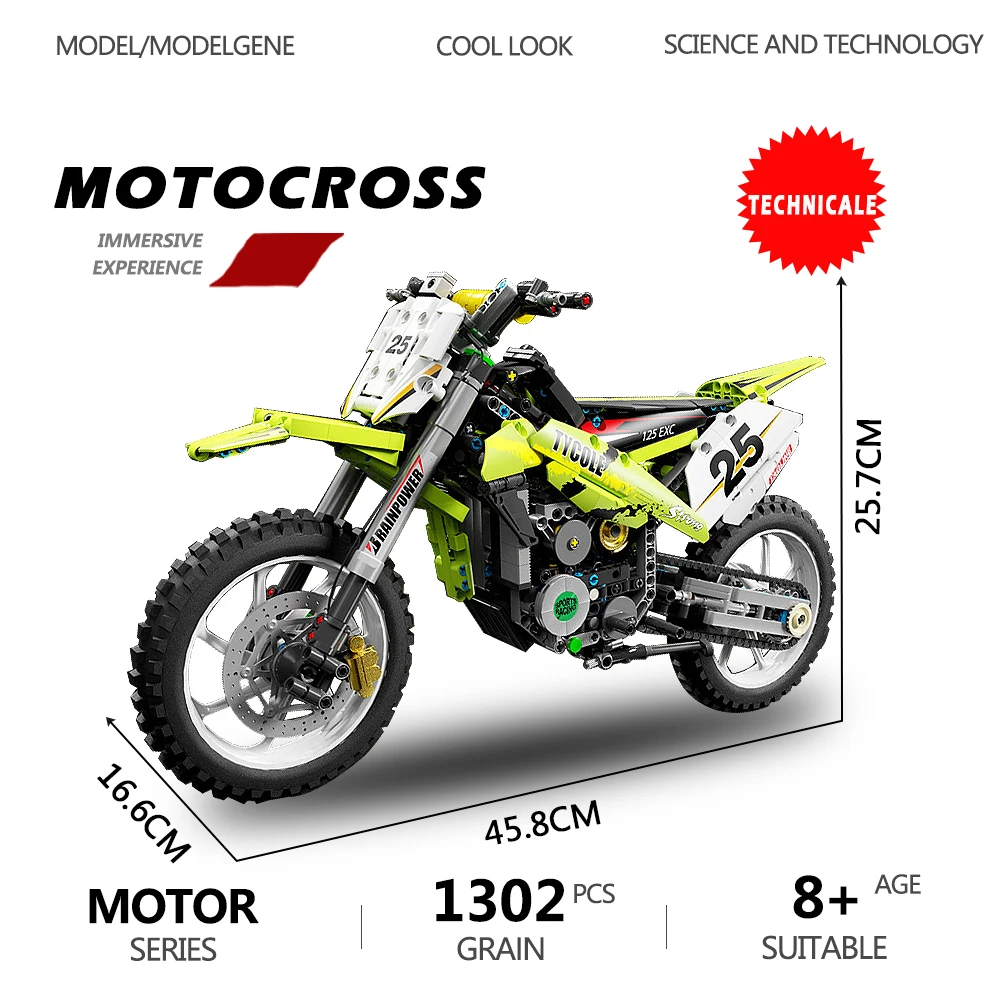 Technical 1:5 Motorcycle Series Motocross Model Building Blocks Cross-country Bricks Motorbike High-tech Education Toys for Kids