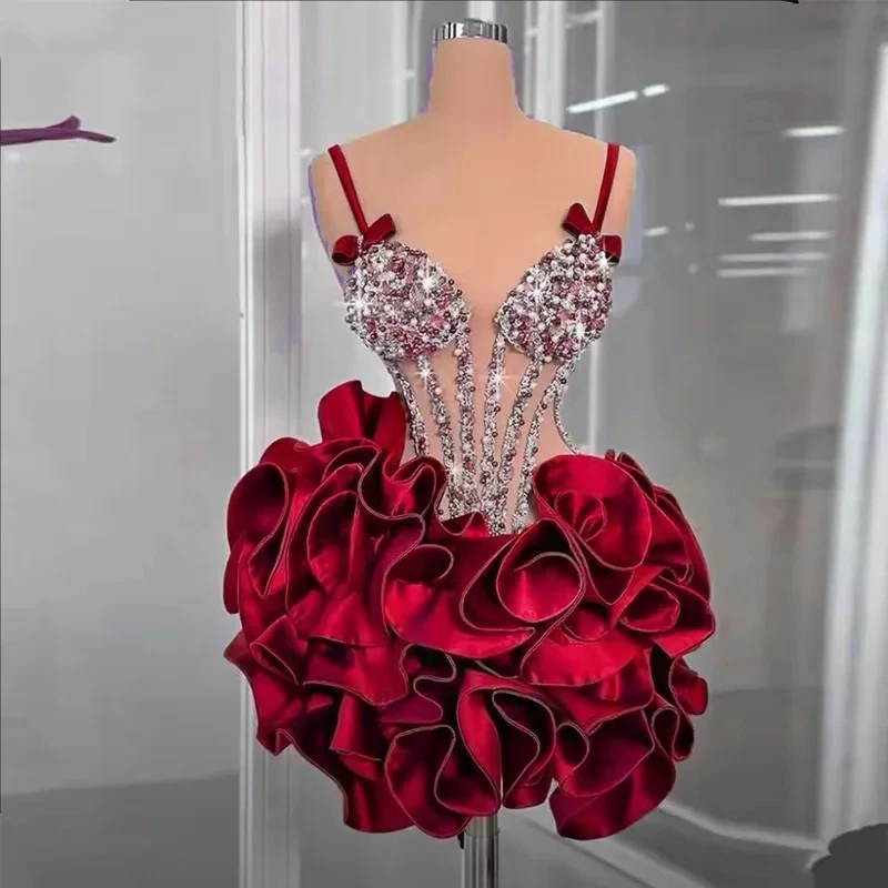 Mini robe de bal de Cocktail en diamant scintillante, personnalisée, avec nœud en V, Sexy, adaptée aux fêtes d'anniversaire et aux robes de retour