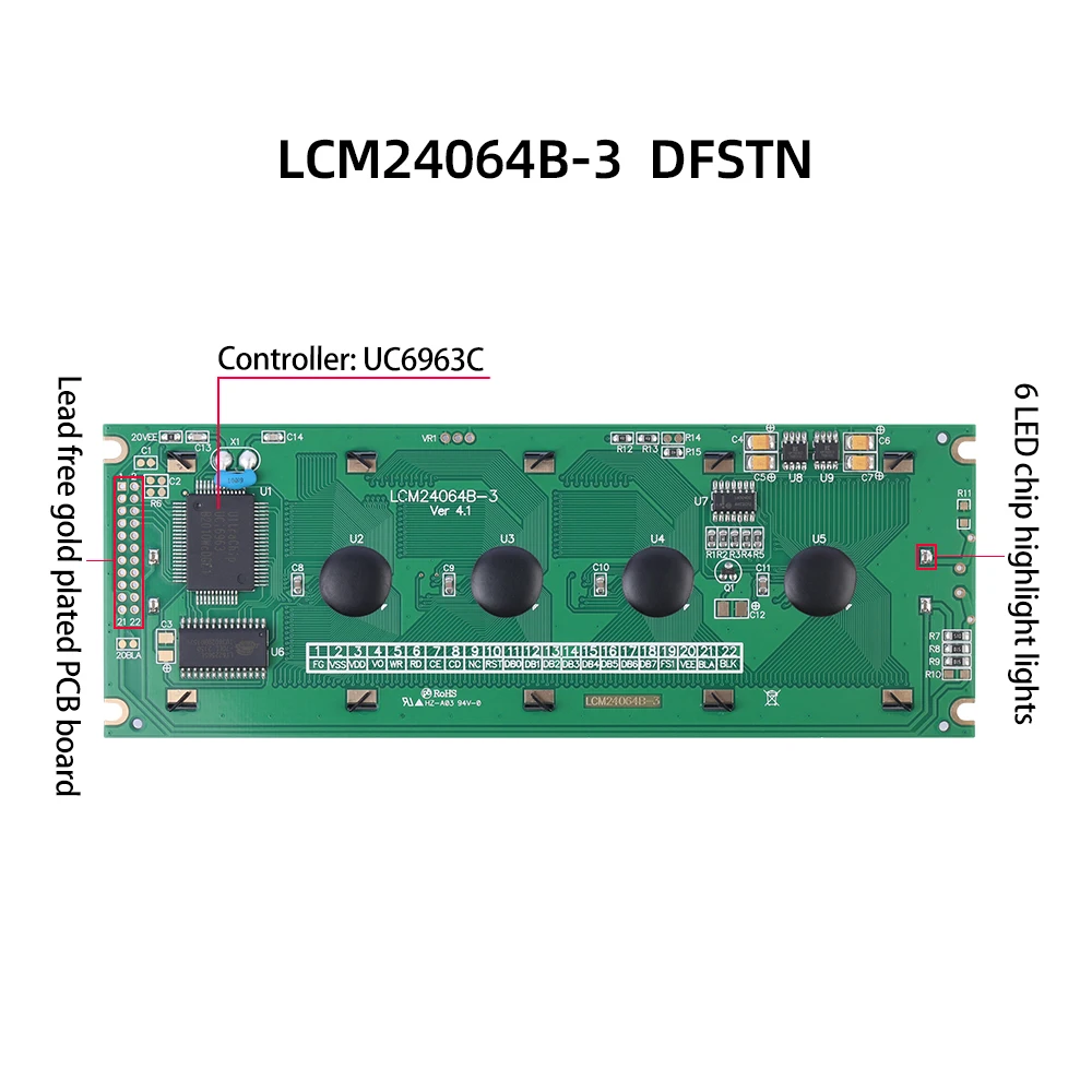 Módulo gráfico de matriz de pontos, filme preto DFSTN, frente amarela, temperatura ultra larga-30 + 80,-180mm x 65mm x 13,1mm, 24064B-3