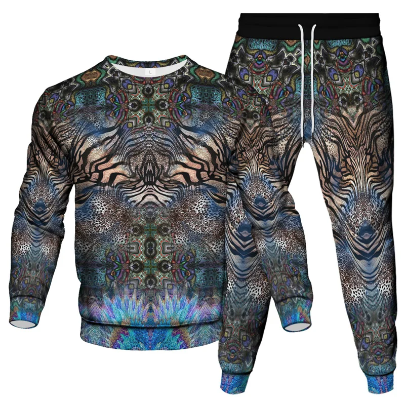 Animal Leopard 3D Print Men\'s Sportswear Set Casual Long-Sleeved T Shirt Pants 2-Piece Set Oversized Pullover Men Clothing