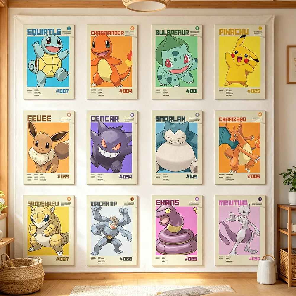 Pokemon Series Canvas Poster Set Kids Room Pikachu Charmander Bulbasaur Squirtle Charizard Game Bedroom Wall Art Decor Boys Girl