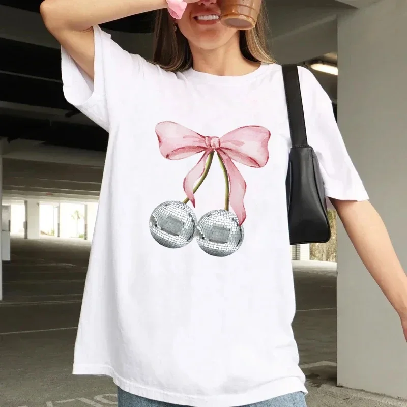 

Cute Vintage Mirror Ball T Shirt Kawaii Cherry Disco Ball Bow T-Shirts Trendy Coquette Aesthetic Graphic Tees Women Clothing Y2k