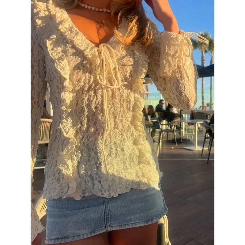 Women's Chic V-Neck Long Sleeve See-Through Solid Color Top Y2K Fashion Summer Sexy Layered Lace Top Transparent Clothing