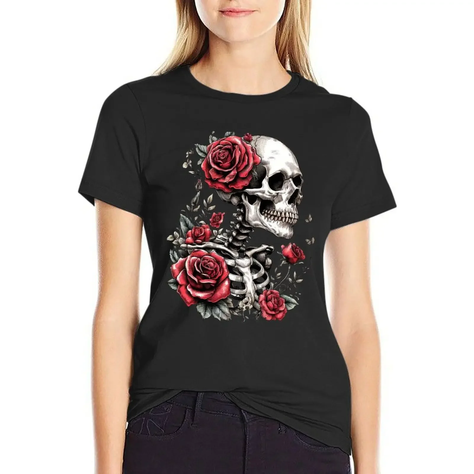 

Skeleton Adorned With Roses T-shirt kawaii clothes funny spring clothes Women 2024